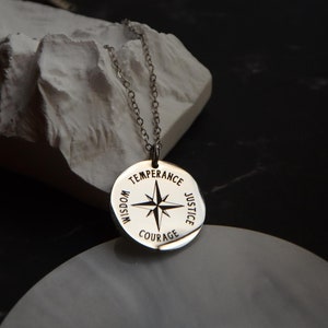 Four Stoic Virtues: Engraved Necklace with the 4 stoic virtues (Moderation, Wisdom, Courage, Justice)- Stainless Steel Inspiration