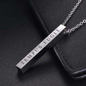 TEMPUS FUGIT: Engraved Memento Mori Vertical Bar Necklace - Stainless Steel Inspiration