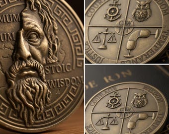 May include: Bronze-colored coin featuring a detailed relief of a bearded man and Greek text. The coin also displays symbols of courage, wisdom, justice, and temperance. The coin is likely a collectible or a piece of art.