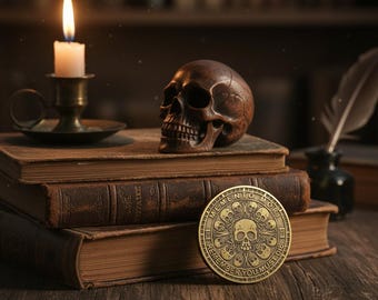 May include: A still-life image featuring a bronze skull, a lit candle in a brass holder, and a coin with the text "Memento Mori." The items rest on antique books, creating a gothic aesthetic.