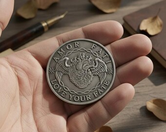 Op de afbeelding: Een zilverkleurige munt met de woorden "AMOR FATI" en "LOVE YOUR FATE" gegraveerd rond de rand. De munt heeft een gedetailleerd hart met vleugels in het midden. De munt wordt in een hand gehouden.
