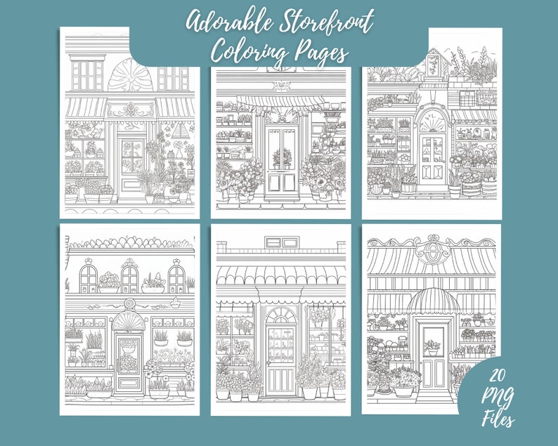 20 Adorable Storefront Coloring Pages, Digital Download, Wall Art
