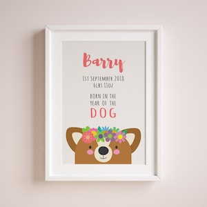Año del zodiaco chino del detalle del nacimiento del perro imprimible, DESCARGA DIGITAL, regalo personalizado, arte de pared personalizado, cartel de la guardería, nuevo bebé