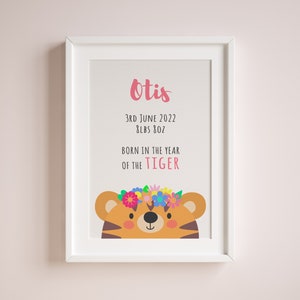 Chinese Zodiac Year of the Tiger Detail Printable, DIGITAL DOWNLOAD, Personalised Gift, Customised Wall Art, Nursery Poster, New Baby Name