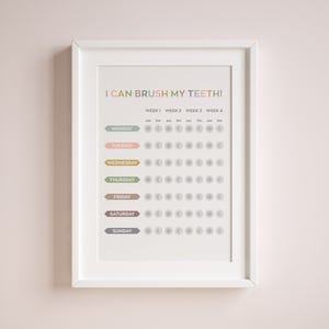 Cuadro de cepillado de dientes imprimible. DESCARGA DIGITAL. Tabla de recompensas. Decoración de aprendizaje en el hogar. Arte de pared educativo. Decoración para niños. Impresión neutra. 28 dia