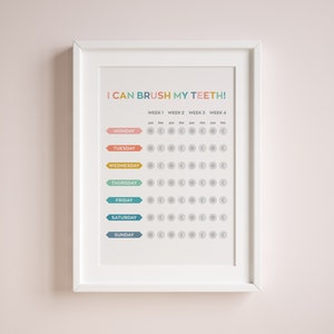 Gráfico de escovação de dentes para impressão. DOWNLOAD DIGITAL. Gráfico de recompensas. Decoração de aprendizagem em casa. Arte de parede educacional. Decoração infantil. Impressão arco-íris. 28 dias
