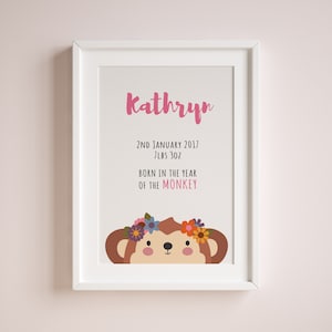 Chinese Zodiac Year of the Monkey Birth Detail Printable, DIGITAL DOWNLOAD, Personalised Gift, Customised Wall Art, Nursery Poster, New Baby