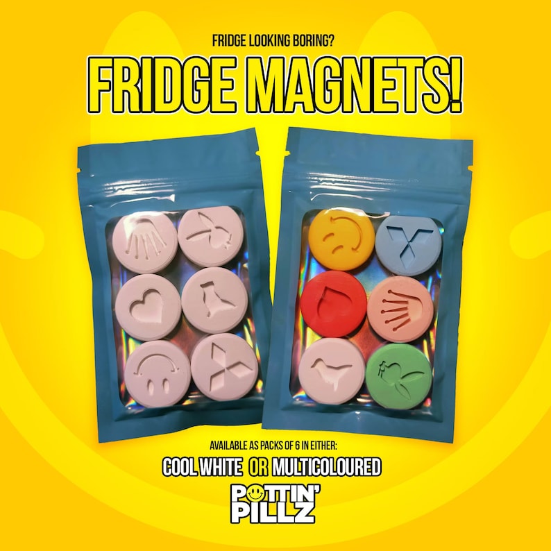 May include: Two bags of fridge magnets, one with white magnets and one with colorful magnets. The magnets are shaped like different symbols and designs. The bags are labeled "Pottin' Pillz" and say "Available as packs of 6 in either: Cool White or Multicoloured".