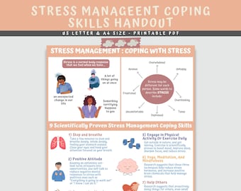 Stress Management Coping Skills Handout Printable,  Mental Health Awareness Handout, Therapist, Therapy, Counselor Office Art