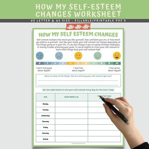 Self-Esteem Worksheet For Kids Teens, How My Self Esteem Changes, Self-Confidence Activity, Confidence Mental Health Child Therapist