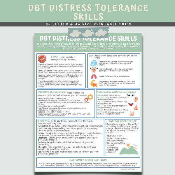 DBT Distress Tolerance Coping Skills Handout Poster, Dialectical Behavior Therapy, Counseling Poster, Mental Health Resources PDF, Kids Teen