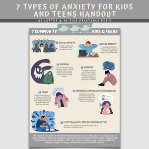Anxiety Help Mental Health Handout, 7 Types Of Anxiety For Kids & Teens, Therapy Counseling Handout, Adolescent Anxiety Infographic Print