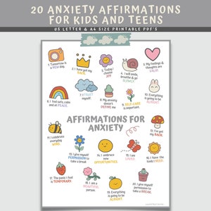 20 Angst Affirmationen für Kinder Teens, Stress Coping Print, Erklärungen zur psychischen Gesundheit für ängstliche Kinder, Verhaltensmanagement-Techniken