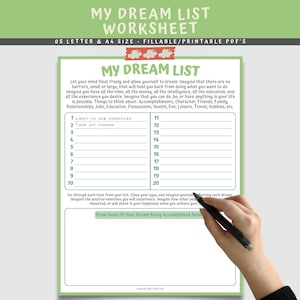 Peut inclure: Une feuille de travail imprimable intitulée "Ma liste de rêves" avec un fond vert et du texte blanc. La feuille de travail est divisée en deux colonnes, l'une étiquetée "1" à "10" et l'autre étiquetée "11" à "20". Il y a un espace pour écrire des rêves sur chaque ligne. La feuille de travail comprend également le texte "Laissez votre esprit flotter librement et laissez-vous rêver. Imaginez qu'il n'y a pas d'obstacles, petits ou grands, qui vous empêcheront de faire ce que vous voulez faire. Imaginez que vous avez tout le temps, tout l'argent, toute l'intelligence, toute l'éducation et toute l'expérience que vous désirez. Imaginez que vous pouvez faire, être ou avoir n'importe quoi dans votre vie est possible. Choses à penser : Réalisations, Caractère, Amis, Famille, Relations, Emplois, Éducation, Possessions, Santé, Plaisir, Loisirs, Voyages, Passe-temps, etc."