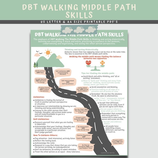 DBT Walking The Middle Path Coping Skills Handout, Dialectical Behavior Therapy Counseling Poster, Mental Health Therapist Children