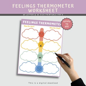 Feelings Thermometer Worksheet, Coping Skills Worksheets For Kids, Social Emotional Learning, Child Therapy Counseling