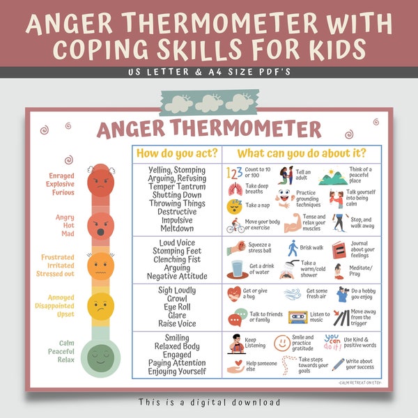 Anger Thermometer with Coping Skills for kids & teens, Anger Management Mental Health Printable Children, Emotions Feelings Therapy Chart