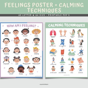 Feelings Chart With Calming Techniques Poster, Grounding Strategies Print Children, Feelings Poster, How are you feeling handout, Set of 2