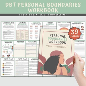 May include: A pink and brown workbook titled "Personal Boundaries Workbook" with a woman's illustration on the cover. The workbook has 39 pages and includes worksheets to help understand and identify personal boundaries. The workbook is laid out on a table with other worksheets visible.