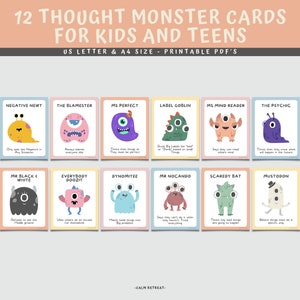 Denkvalkaarten voor kinderen en tieners, 12 gedachtemonsters Flashcard, geestelijke gezondheidstherapie, communicatiehulpmiddel, cognitieve vervorming