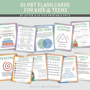 DBT Flash Cards, 55 afdrukbare kaarten, zelfhulpkaarten, copingvaardigheden, BPS, Borderline, therapiekantoordecor, geestelijke gezondheid werkblad