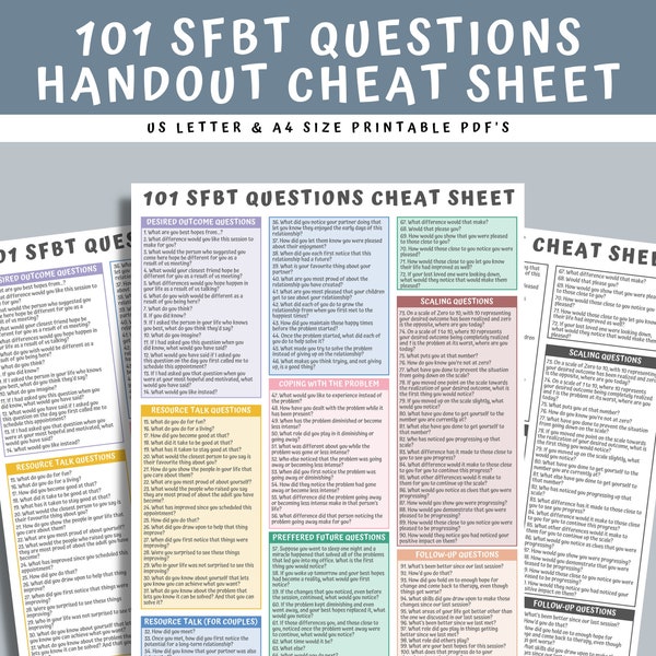 101 Solution Focused Therapy Questions Cheat Sheet, SFBT Worksheet for Therapists, , Therapy Office Decor, CBT, SEL, Social Workers,