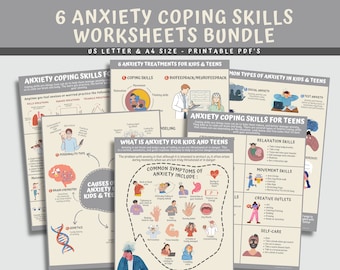 May include: A set of six printable worksheets designed to help children and teens cope with anxiety. The worksheets feature colorful illustrations and cover topics such as common types of anxiety, coping skills, and treatment options. The worksheets are titled "6 Anxiety Coping Skills Worksheets Bundle".