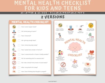 Mental Health Checklist For Kids And Teens, Therapy Worksheet, Child Therapy Worksheets, Counseling Worksheets, 2 Versions Fillable PDF
