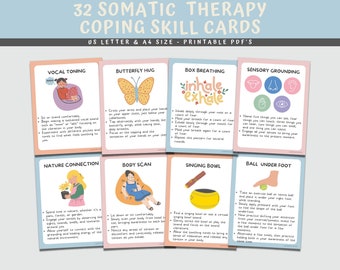 May include: 32 colorful cards with illustrations and text describing coping skills for somatic therapy.  The cards include titles such as "Vocal Toning", "Butterfly Hug", "Box Breathing", "Sensory Grounding", "Nature Connection", "Body Scan", "Singing Bowl", and "Ball Under Foot".
