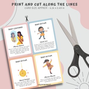 May include: Four illustrated cards with text, including "Mirror Dance" and "Hand Jive", are displayed. The cards are labeled "Body-Centered" and "Body Rythm". The text "Print and Cut Along the Lines" is at the top, with card dimensions of 4.24 x 5.49 inches.