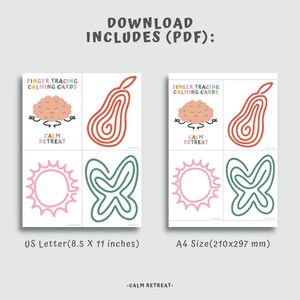 Puede incluir: Cartas de trazado de dedos relajantes imprimibles para ni&ntilde;os. Las tarjetas presentan un cerebro, una pera, un sol y una mariposa. Las tarjetas est&aacute;n dise&ntilde;adas para los tama&ntilde;os de papel US Letter (8,5 x 11 pulgadas) y A4 (210 x 297 mm).