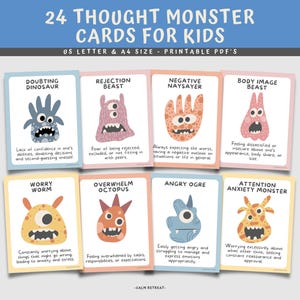 24 cartes monstre de la pensée pour enfants et adolescents, cartes flash pleine conscience, activité pour se calmer, activité de méditation, méditation pour enfants, zone zen