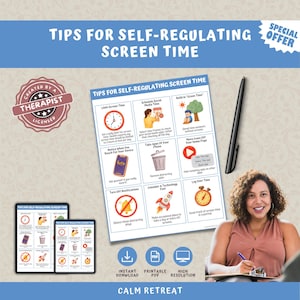 以下が含まれることがあります： 「画面時間自己調整のヒント」というタイトルの印刷可能なPDFで、イラストとテキストが記載されています。画像には黒いスタイラスと、書きながら笑顔の女性が含まれています。「即時ダウンロード」と「Calm Retreat」というテキストが含まれています。