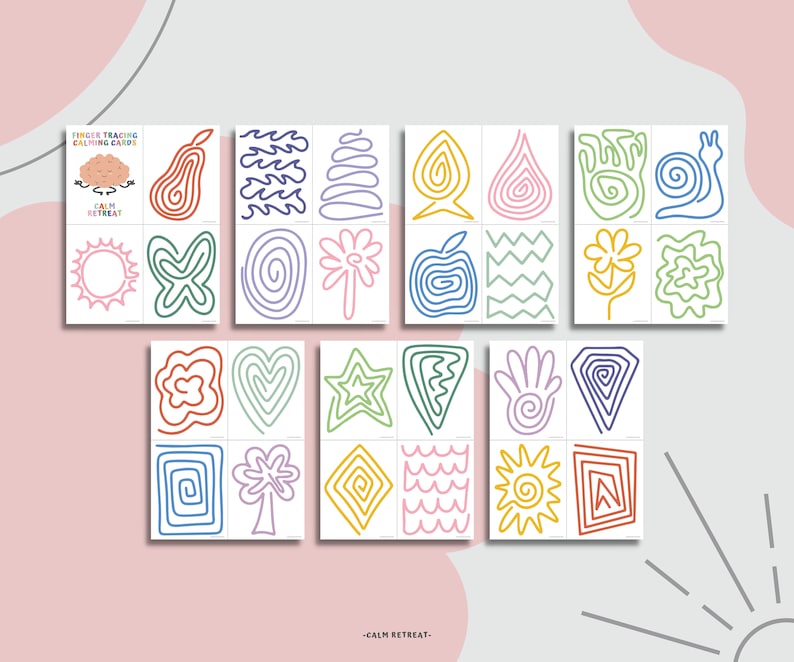 Puede incluir: Conjunto de 20 tarjetas de trazado con el dedo para calmar imprimibles que presentan varias formas y dise&ntilde;os en diferentes colores. Las tarjetas est&aacute;n dise&ntilde;adas para ayudar a los ni&ntilde;os con las habilidades motoras finas y la concentraci&oacute;n. Las tarjetas incluyen una tarjeta de t&iacute;tulo que dice "Finger Tracing Calming Cards" y "Calm Retreat".