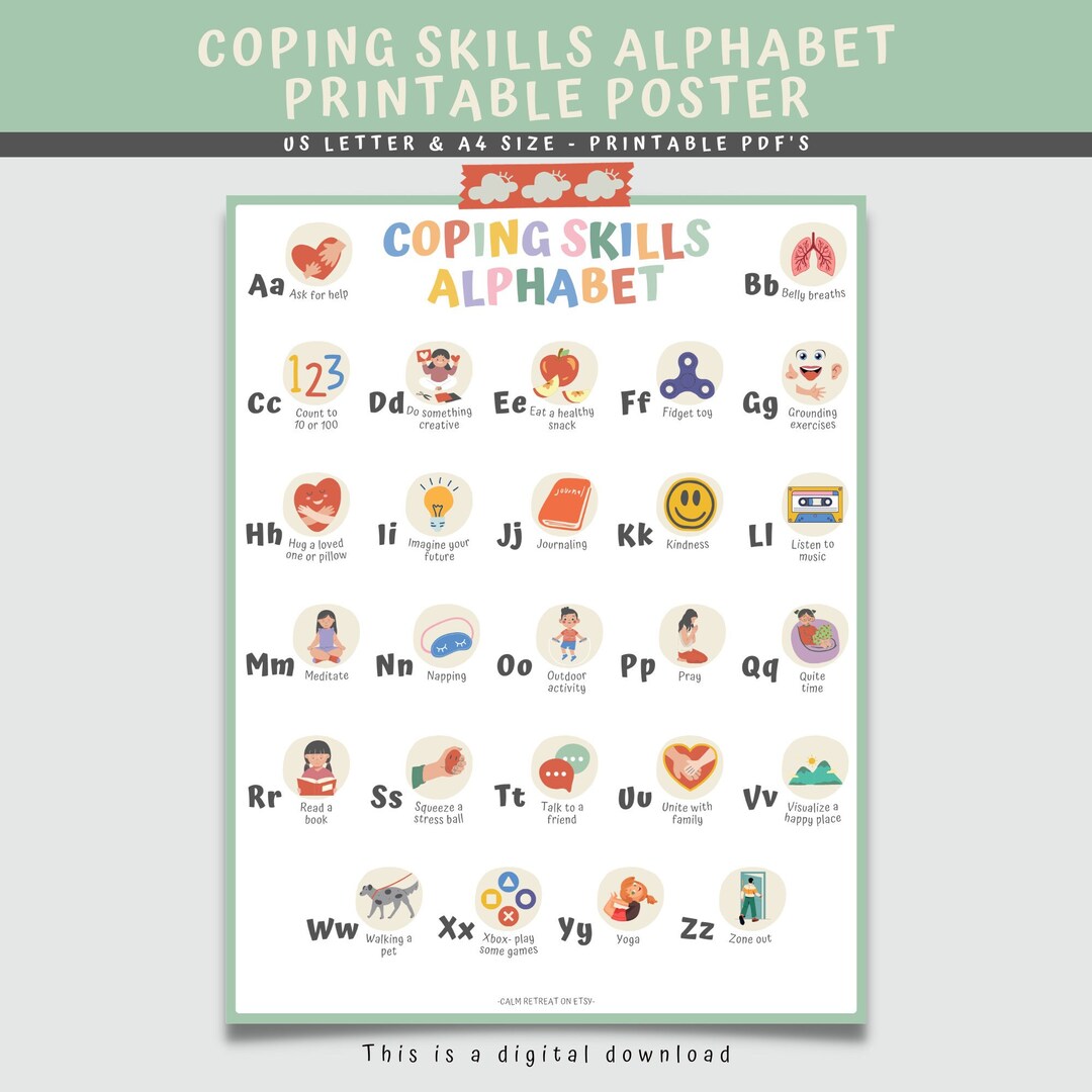 Coping Skills Alphabet Printable, Alphabet Coping Skill, Therapy Office