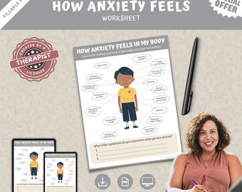Anxiety Symptoms Body Signals Fillable Worksheet, Children Self-Awareness, Therapy Counseling Worksheets, Child Therapist Counselor