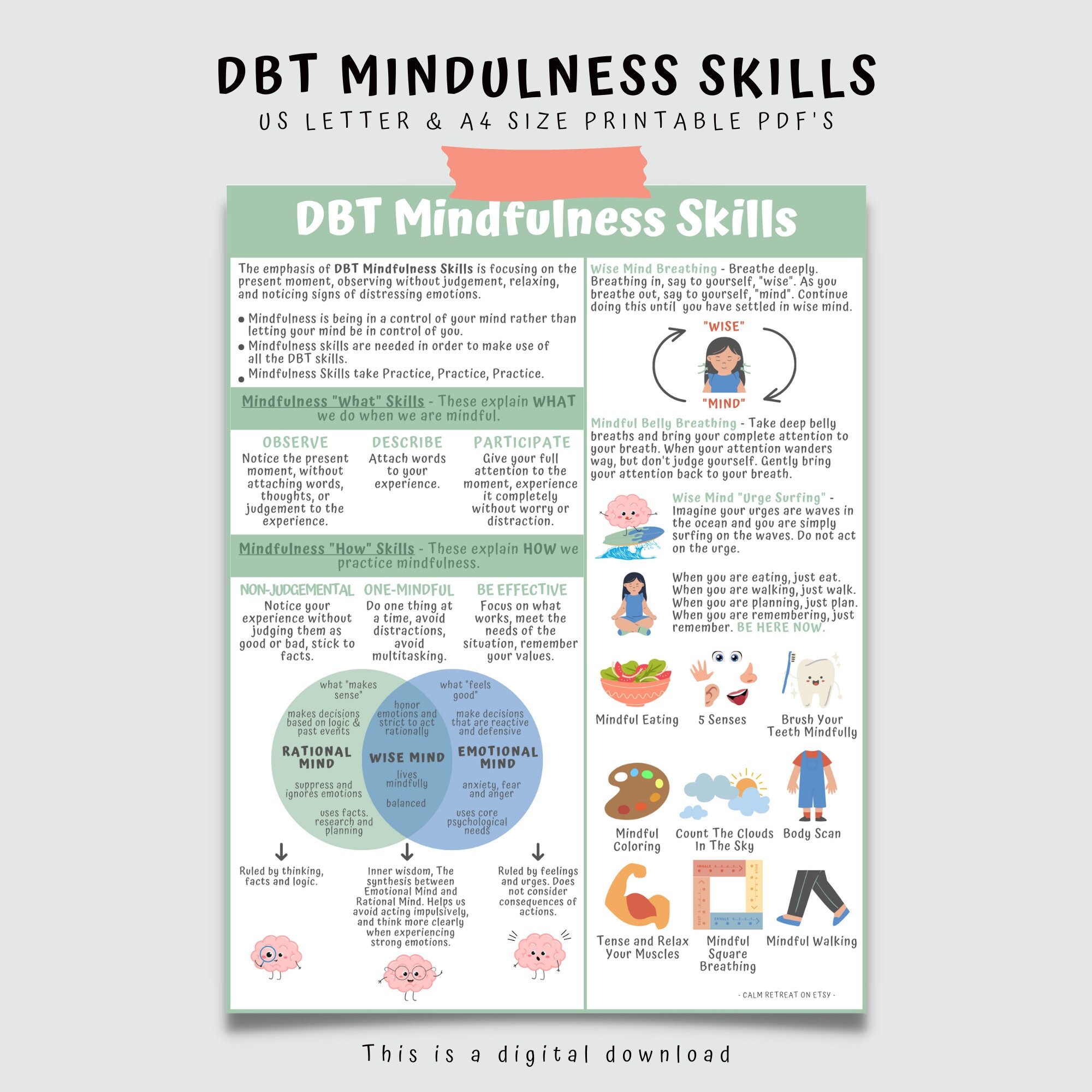 DBT Mindfulness Coping Skills Handout Poster Therapist Etsy
