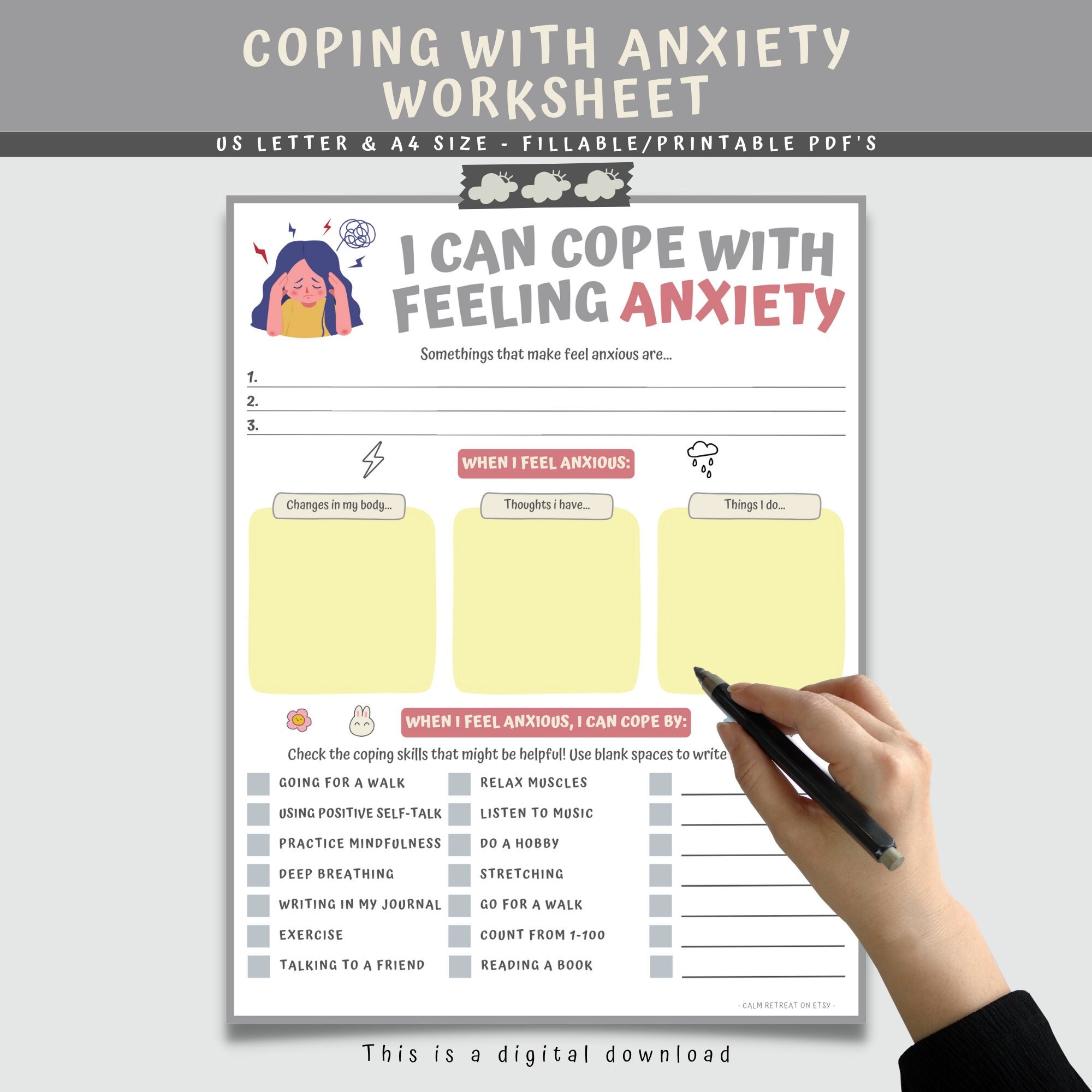 Anxiety Coping Skills Fillable Worksheet for Kids Teens Printable