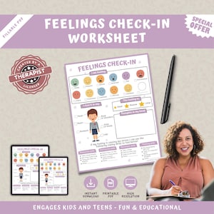 Feelings check-in worksheet for kids, emotions identification via emojis, SEL Child Therapy, Coping skills fillable PDF