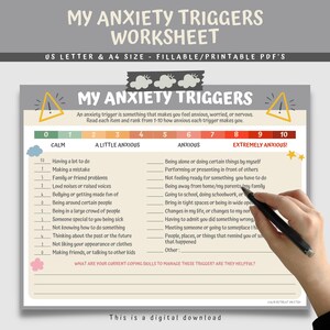 Anxiety Triggers Fillable Worksheet Kids Children With Anxiety Scale, Mental Health Therapy Counseling Worksheets