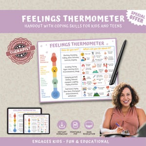 Feelings Thermometer Chart With Coping Skills, Emotions Poster Kids Teens Printable, Mental Health, Behavior Management, Therapy Counselor