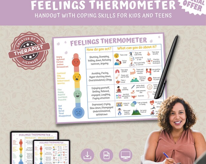 Feelings Thermometer Chart With Coping Skills - Emotions Poster Kids ...