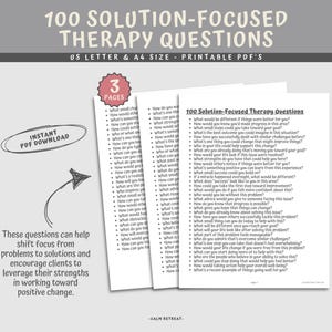 Op de afbeelding: Een downloadbare PDF om te printen met 100 oplossingsgerichte therapie vragen die zijn ontworpen om te helpen de focus te verleggen van problemen naar oplossingen. Het document is verdeeld in drie pagina's en heeft een rustgevend roze en wit kleurenschema.