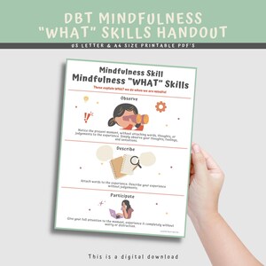 May include: A digital printable handout on DBT Mindfulness 'What' Skills. The document explains mindfulness techniques, including observing, describing, and participating. The text is in English, with illustrations. A4 and US Letter sizes.