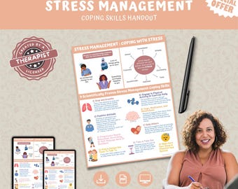 Stress Management Coping Skills Handout Printable,  Mental Health Awareness Handout, Therapist, Therapy, Counselor Office Art