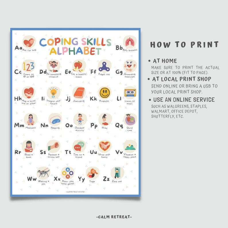 Coping Skills Alphabet Handout: Calming Strategies (digital Download ...