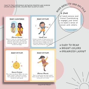 May include: Four colorful cards with illustrations and text about body movement. The cards are labeled "Body-Centered" and "Body Rhythm." The text includes "Mirror Dance," "Hand Jive," "Dance Freeze," and "Mirror Moves."