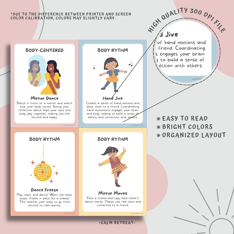 May include: Four colorful cards with illustrations and text about body movement. The cards are labeled "Body-Centered" and "Body Rhythm." The text includes "Mirror Dance," "Hand Jive," "Dance Freeze," and "Mirror Moves."
