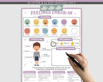Feelings Check-In Worksheet for Kids: Emotions Emojis, SEL Therapy (PDF Download)