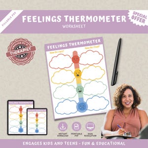 Feelings Thermometer Worksheet, Coping Skills Worksheets For Kids, Social Emotional Learning, Child Therapy Counseling